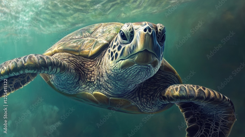 Fototapeta premium A turtle swims gracefully in the clear waters of a lagoon.