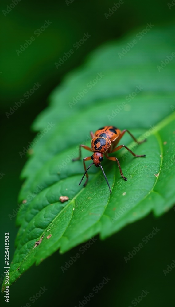Unidentified insect on dark green leaf with tiny red spots, bug, small insect, greenleaf Unidentified insect on dark green leaf with tiny red spots, bug, small insect, greenleaf