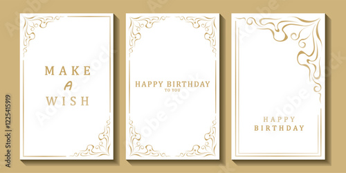 Set of luxury birthday cards on a white background. Modern gold and white design. Golden elegant geometric pattern, gold line on light background. Premium design illustration for birthday party.