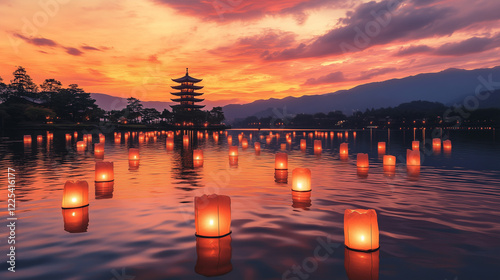 Scenic sunset view of floating lanterns on a peaceful lake, with a traditional pagoda in the background and vibrant colors of the evening sky reflecting on the water