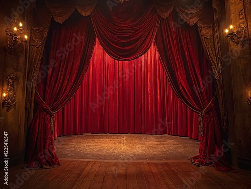 Dramatic red velvet curtains on stage with vintage sconces create a theatrical mood
