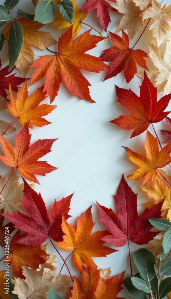 A stunning arrangement of vibrant autumn leaves in shades of red, orange, and yellow creates a natural frame around a serene blank space. This captivating composition evokes the warmth and beauty of A stunning arrangement of vibrant autumn leaves in shades of red, orange, and yellow creates a natural frame around a serene blank space. This captivating composition evokes the warmth and beauty of