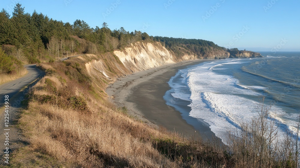Coastal Highway Winding Beside Sandy Beach and Cliffs