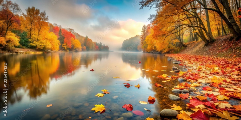 Obraz premium Serene Autumn River Scene with Colorful Foliage Reflections