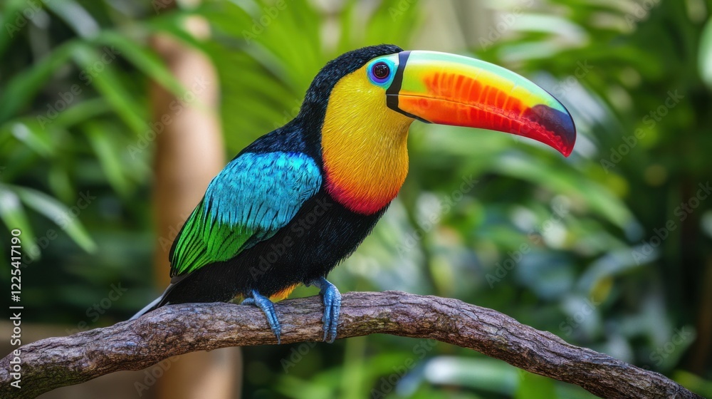 Keel Billed Toucan Perched On Branch In Lush Greenery Keel Billed Toucan Perched On Branch In Lush Greenery