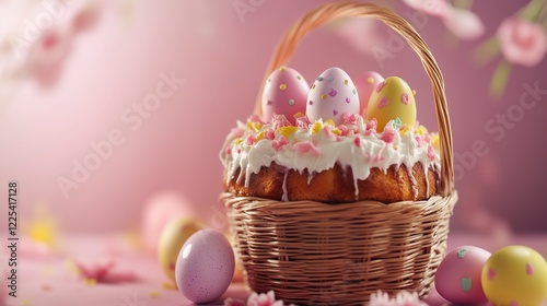 Easter basket with a traditional cake and decorated eggs