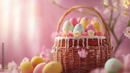 Easter basket with a traditional cake and decorated eggs