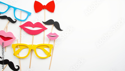 Colorful playful photo booth props on plain white background, fun