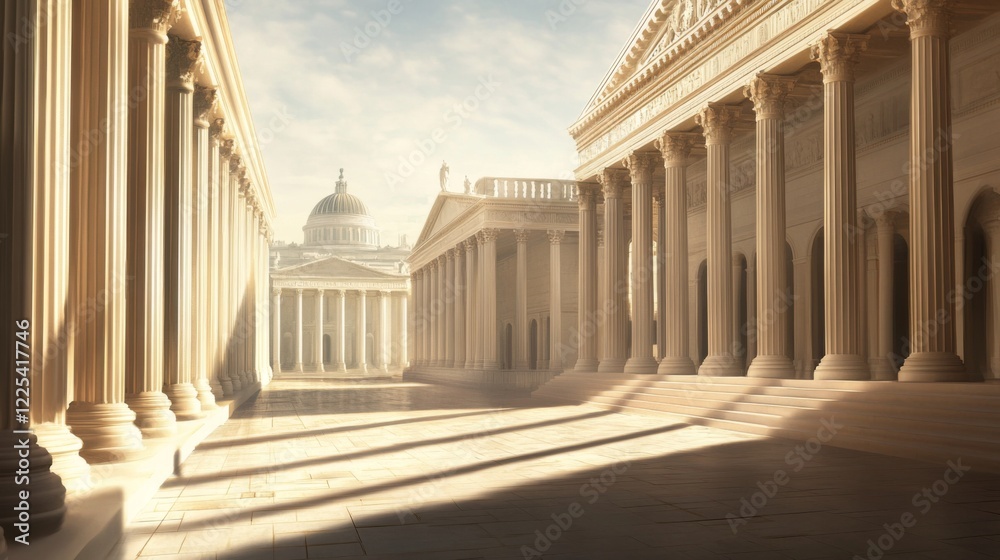 Obraz premium Sunlit classical architecture with columns and a temple.