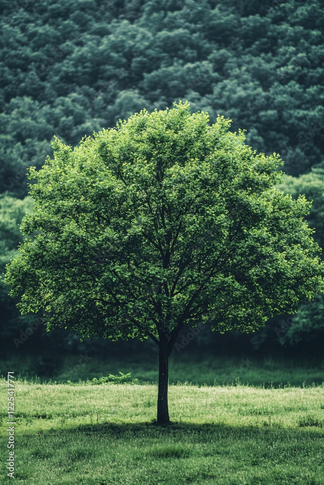 Fototapeta premium Solitary Tree Stands Tall in a Lush Green Meadow with a Forest Background in Soft Light