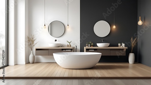 Minimalist bathroom interior with blank white wall and natural lighting. 3D Rendering