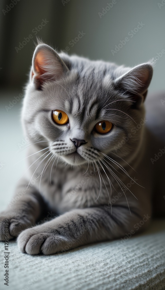 Naklejka premium A captivating gray cat lounges gracefully, showcasing its plush fur and mesmerizing amber eyes that radiate curiosity. This enchanting feline exudes a serene yet playful aura, inviting viewers to