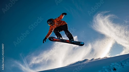 Energetic Snowboarder Jumping in Fresh Powder Snow Against Blue Sky