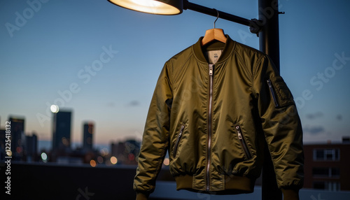 Sleek olive bomber jacket hanging under street lamp at dusk, urban style