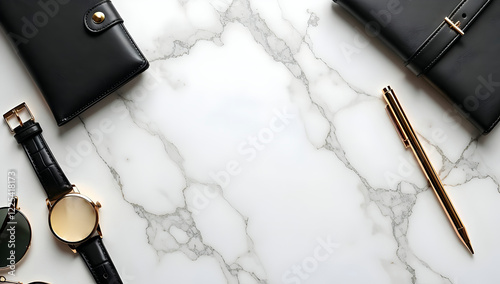 Elegant flat lay, watch, wallet, pen and glasses on white marble, template, background, copy space area