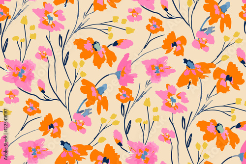 Cute feminine watercolor seamless pattern with wildflowers.hand drawn, not AI