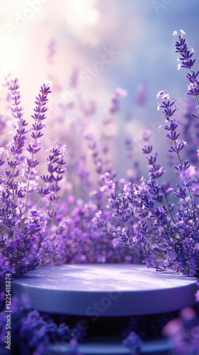 Lavender field with round platform in foreground soft purple light and dreamy background