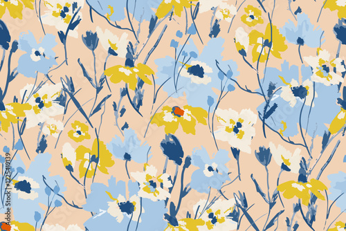 Abstract floral seamless pattern. Bright colors, gouache painting.hand drawn, not AI