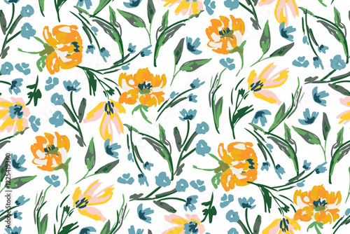 Abstract floral seamless pattern. Bright colors, gouache painting.hand drawn, not AI