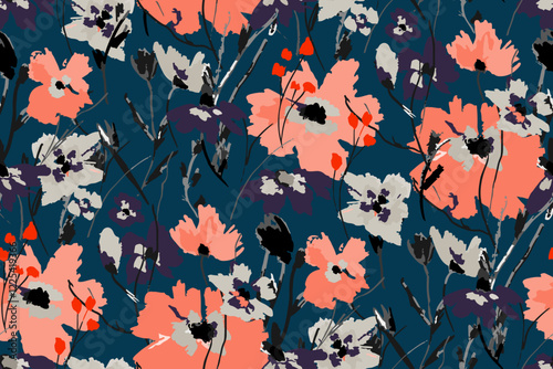 Abstract floral seamless pattern. Bright colors, gouache painting.hand drawn, not AI