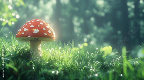 Wallpaper Mural A single red-capped mushroom with white spots, standing tall amidst lush green grass. Torontodigital.ca