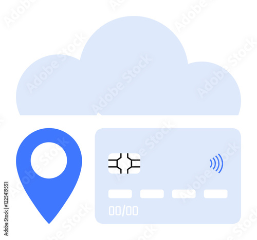 Cloud icon, location pin, contactless credit card for online payments, fintech, GPS services. Ideal for cloud computing, digital wallets, e-commerce, fintech navigation security abstract line flat