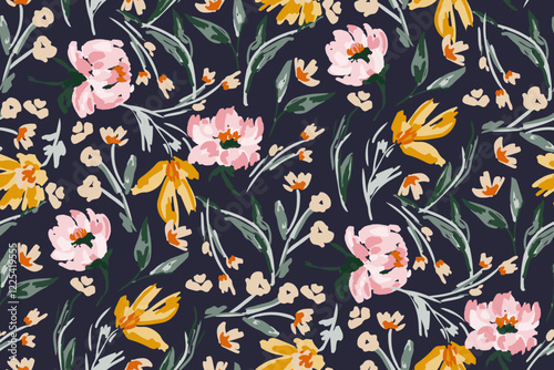 Abstract floral seamless pattern. Bright colors, gouache painting.hand drawn, not AI