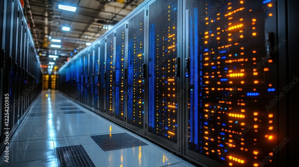 Fototapeta premium Illuminated Server Room: A Glimpse into the Digital Core