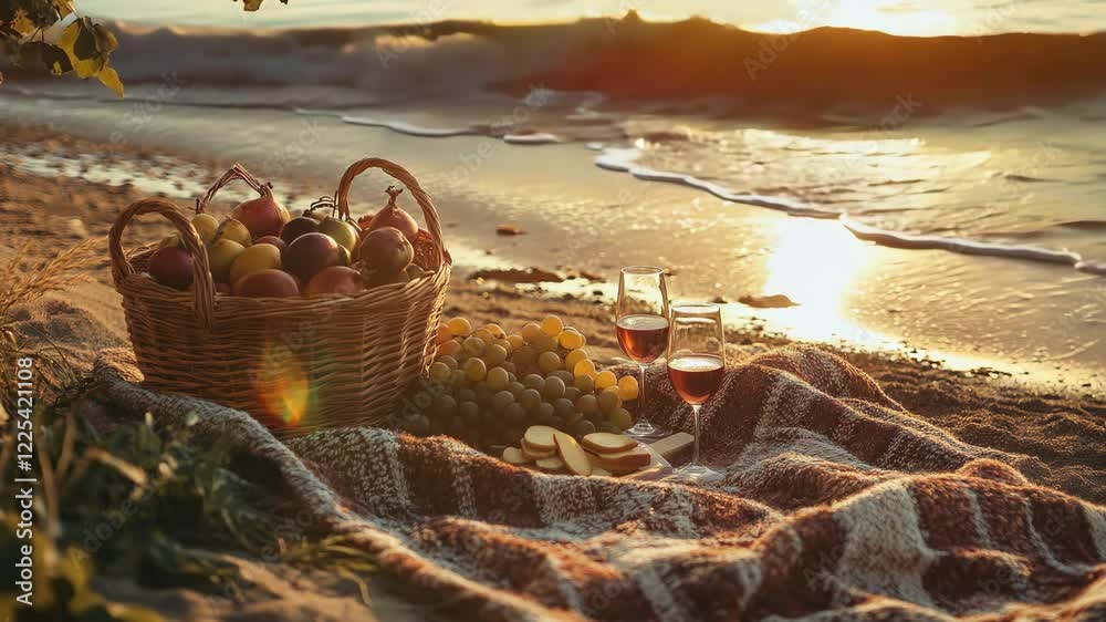 A cozy seaside picnic setup with a wicker basket, fruits, and wine glasses on a sandy shore during sunset