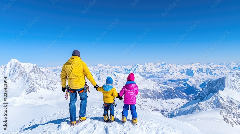 Family mountaintop summit view, winter adventure Family mountaintop summit view, winter adventure