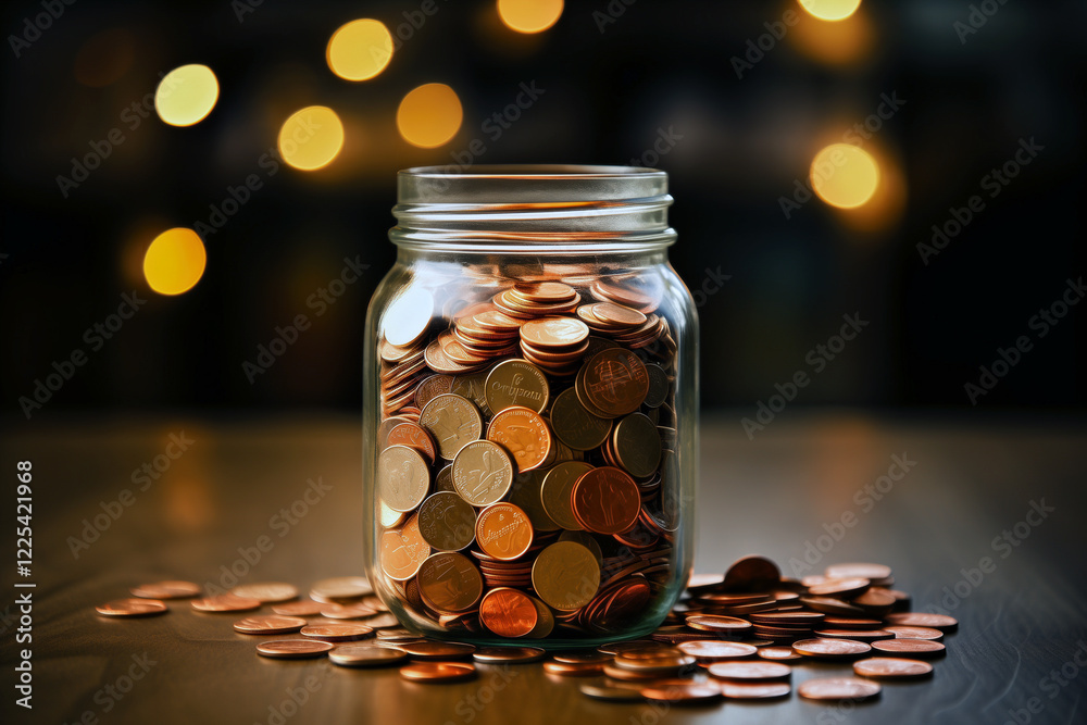 Open jar with coins spilling out, pen and paper beside it, blurred background with warm bokeh Open jar with coins spilling out, pen and paper beside it, blurred background with warm bokeh