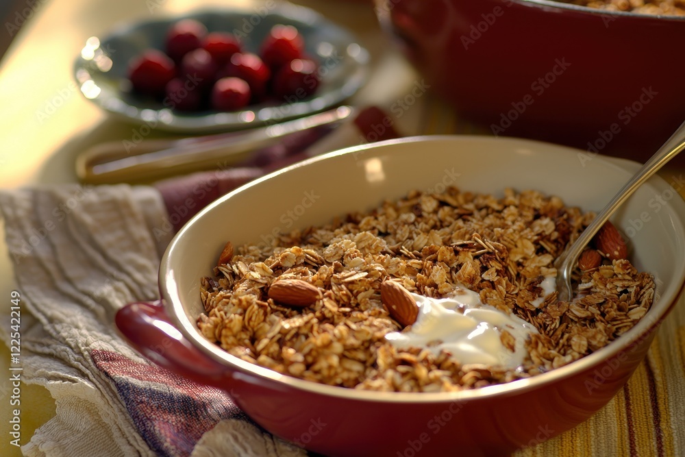 Granola with Nuts A bowl of granola mixed with roasted nuts, served with fresh berries and yogurt. Granola with Nuts A bowl of granola mixed with roasted nuts, served with fresh berries and yogurt.