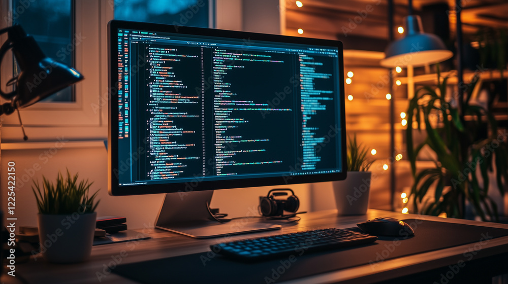 Obraz premium Screen with code lines on a desk in programmer office