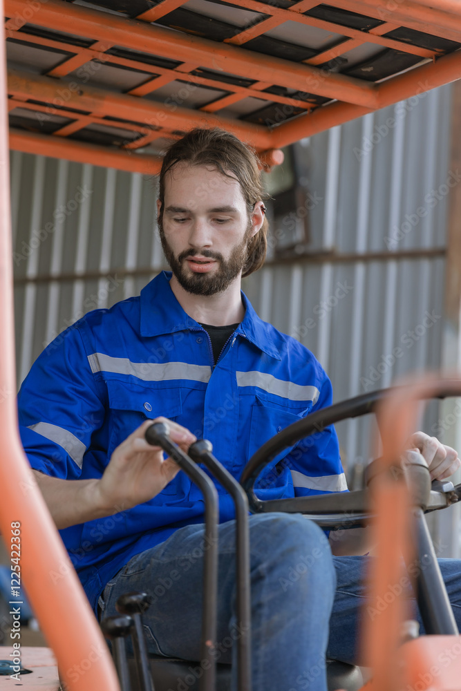 Man worker at forklift driver happy working in industry factory logistic ship. Man forklift driver in warehouse area. Forklift driver sitting in vehicle in warehouse Man worker at forklift driver happy working in industry factory logistic ship. Man forklift driver in warehouse area. Forklift driver sitting in vehicle in warehouse