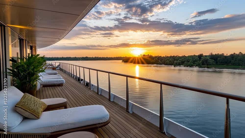 Serene Sunset Over Water Luxury River Cruise Balcony with Tranquil Views and Lush Greenery