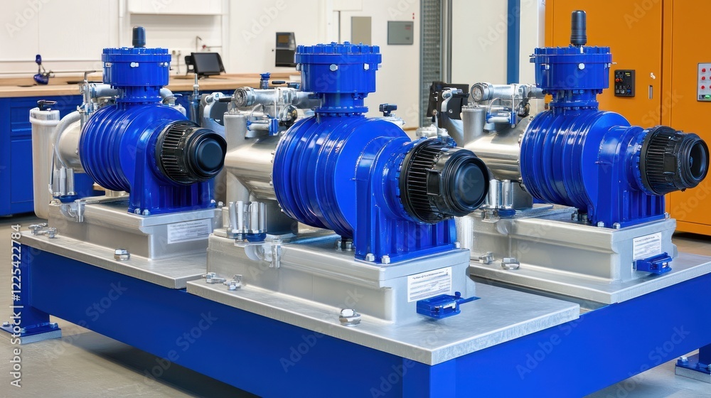 Two Blue Industrial Vacuum Pumps On A Metal Frame Two Blue Industrial Vacuum Pumps On A Metal Frame