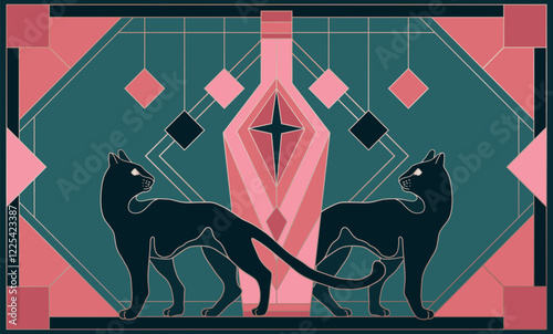 art deco illustration, wild cats, panthers, symmetrical illustration, bottle of alcohol, elegant lines	