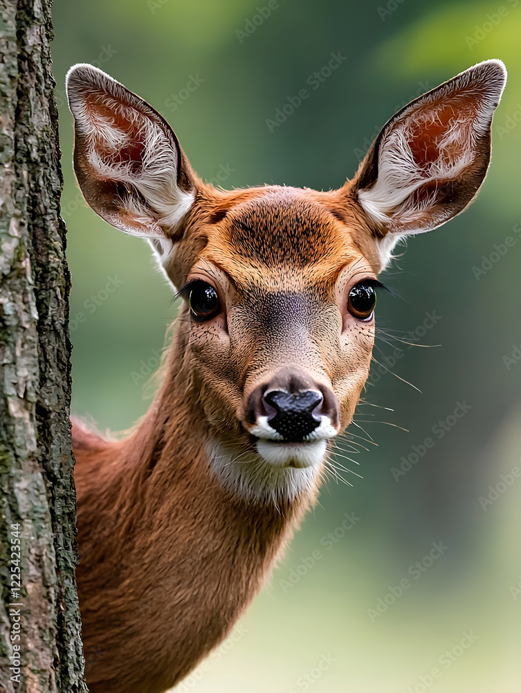 Young Deer Peeking from Behind a Tree in Nature Scene Young Deer Peeking from Behind a Tree in Nature Scene