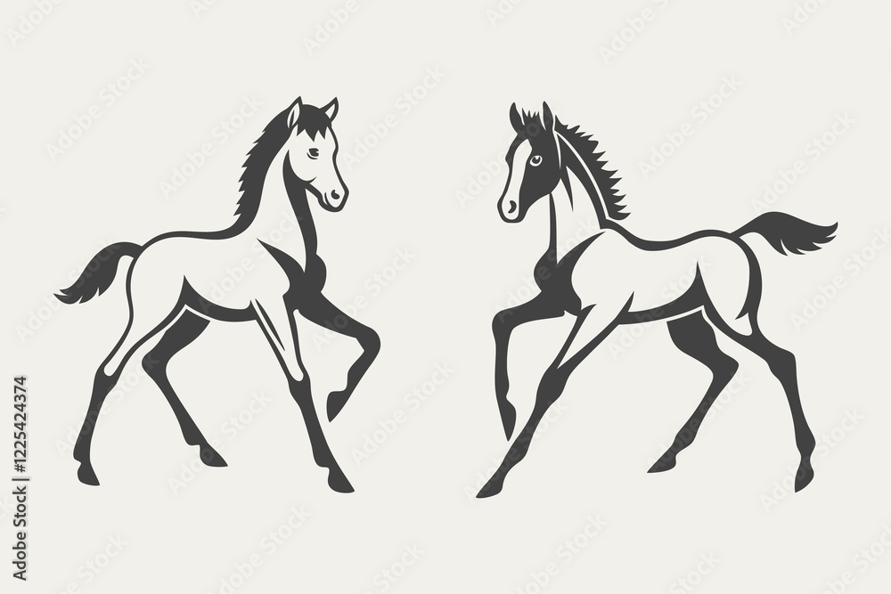 Two stylized horse illustrations in black and white, symmetrically positioned and facing each other. The design is minimalistic, with elegant lines emphasizing the horses' movement and grace Two stylized horse illustrations in black and white, symmetrically positioned and facing each other. The design is minimalistic, with elegant lines emphasizing the horses' movement and grace