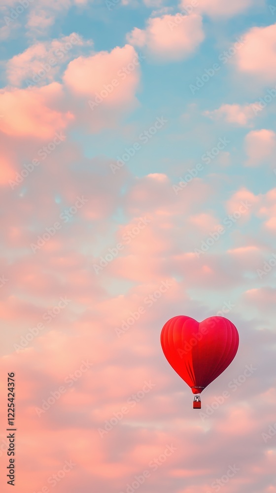 Fototapeta premium Floating in love: A red heart-shaped hot air balloon among pink clouds on vertical background with copy space .