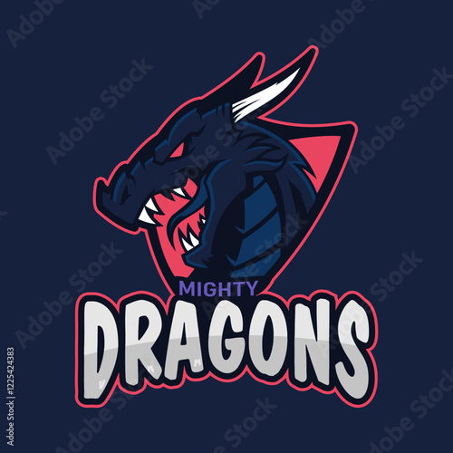 A powerful and fierce dragon head logo with the text "Mighty Dragons." This vector illustration is ideal for an esports team, sports brand, or a gaming mascot, designed in a bold and aggressive style