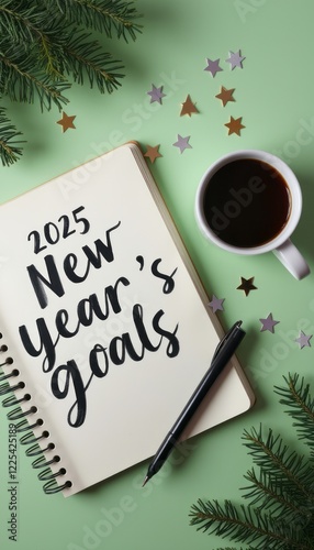 A beautifully arranged scene featuring a notebook with 2025 New Years goals elegantly scripted on its pages, surrounded by festive decorations. The cozy atmosphere is enhanced by a steaming cup of photo