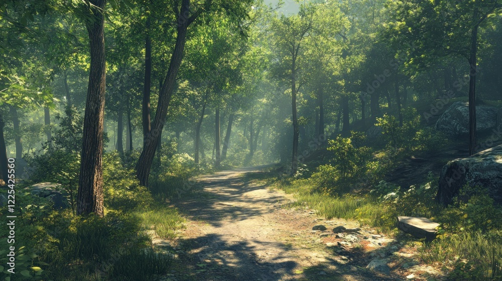 Obraz premium Sunlit Path Through Lush Green Summer Forest