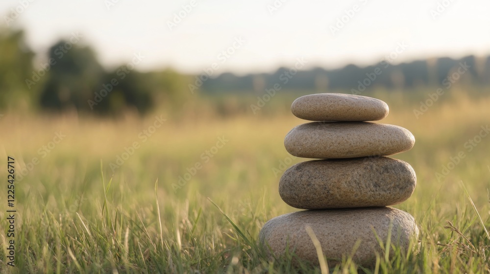 Four smooth stones stacked in a grassy field at sunset.
