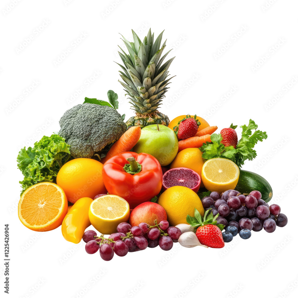 A pile of colorful fruits and vegetables, including apples, oranges, carrots, tomatoes, peppers, lettuce, pineapples, red cabbage, green leafy greens, broccoli, lemons, isolated on white background A pile of colorful fruits and vegetables, including apples, oranges, carrots, tomatoes, peppers, lettuce, pineapples, red cabbage, green leafy greens, broccoli, lemons, isolated on white background
