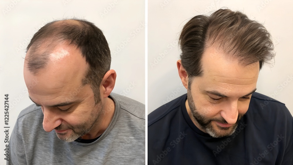 Fototapeta premium a man before a hair transplant before hardly any hair on his head and after picture with full thick hair front view cosmetic surgery 
