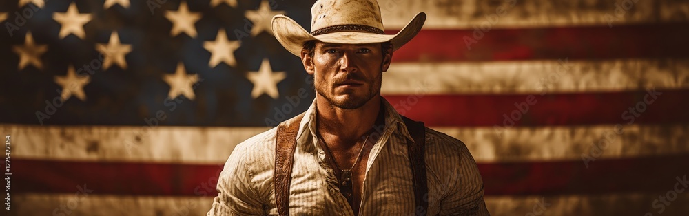 A cowboy silhouette against an American flag, symbolizing patriotism, tradition, and heritage.