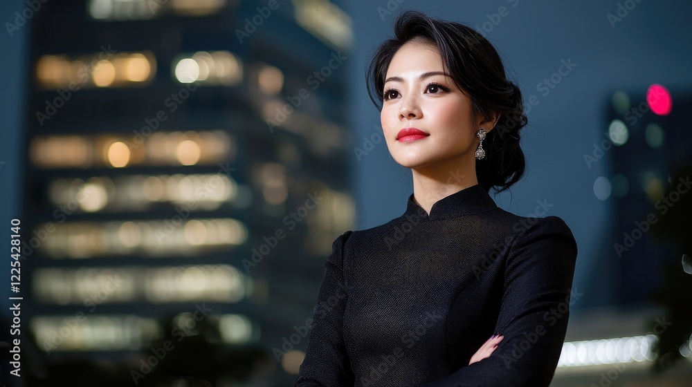 Confident woman, city night, thoughtful pose, urban background, business portrait Confident woman, city night, thoughtful pose, urban background, business portrait