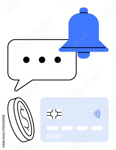 Chat bubble, blue notification bell, credit card, and coin icon. Ideal for finance, online payments, fintech, digital banking notifications communication e-commerce. Abstract line flat metaphor