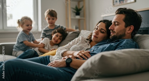Peaceful Family Moment: Parents Relaxing on the Couch While Their Children Play